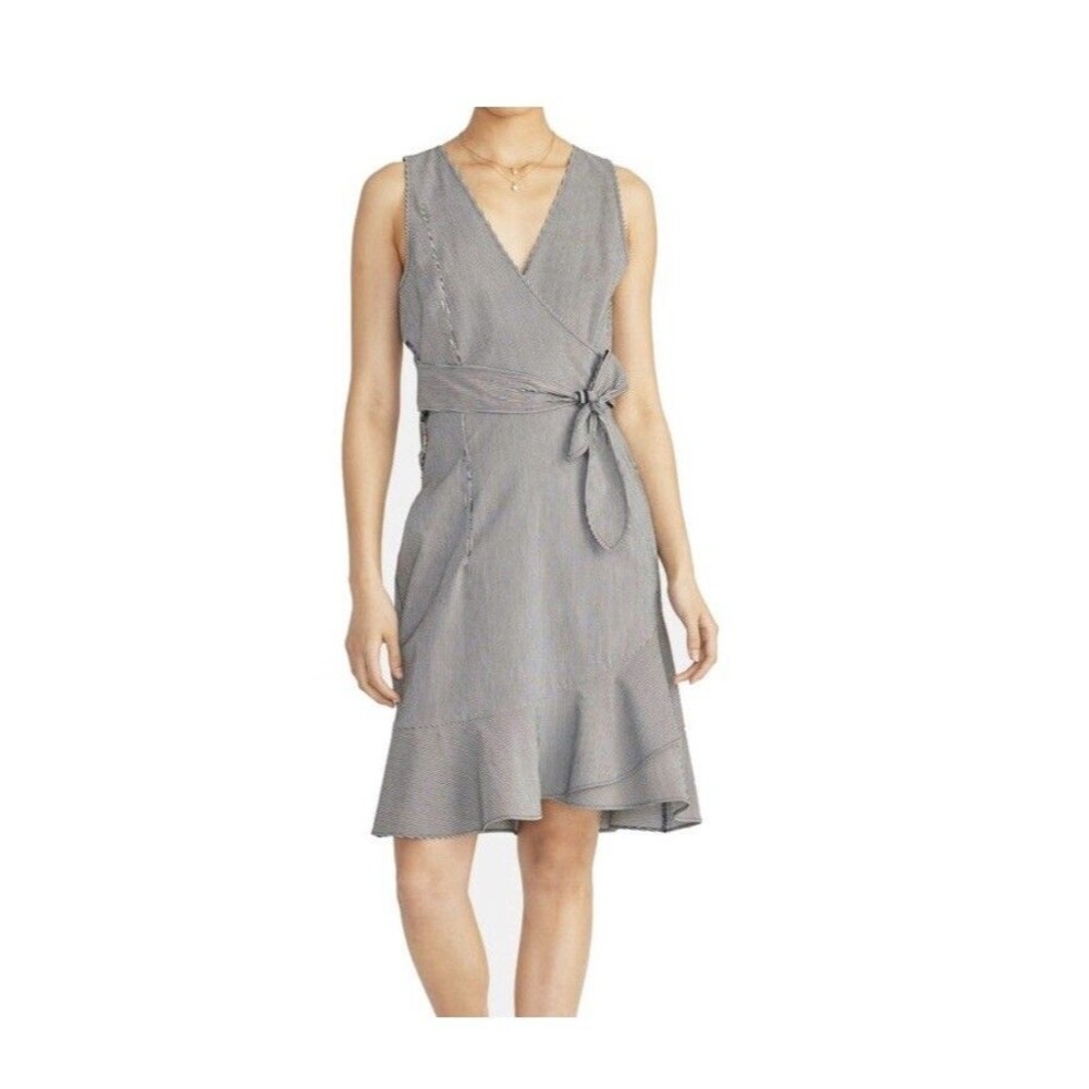Rachel Roy Faux-Wrap Size 12 Dress Navy Blue Striped Ruffle Waist Tie Sleeveless